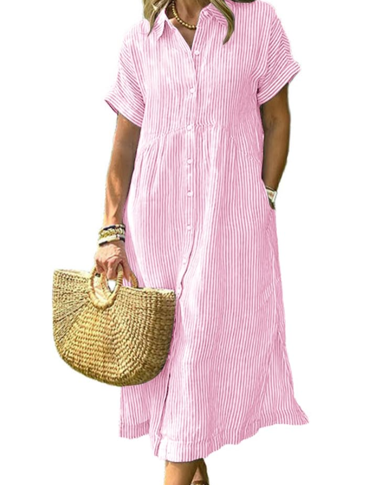 Laylani Abito Camicia Donna – Rayures Midi Boutonnée, Maniche Corte & Linea a Trapezio Fluida