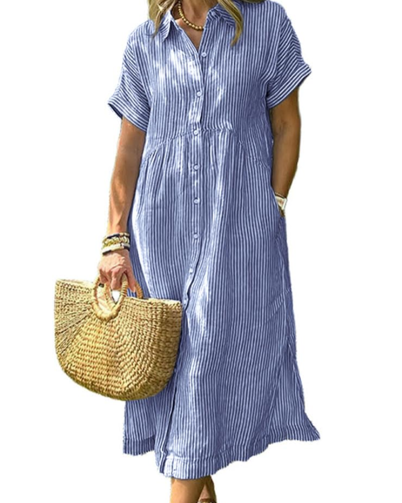 Laylani Abito Camicia Donna – Rayures Midi Boutonnée, Maniche Corte & Linea a Trapezio Fluida
