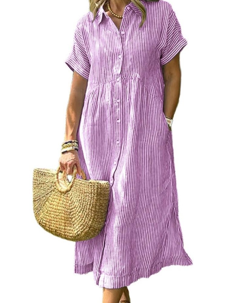 Laylani Abito Camicia Donna – Rayures Midi Boutonnée, Maniche Corte & Linea a Trapezio Fluida