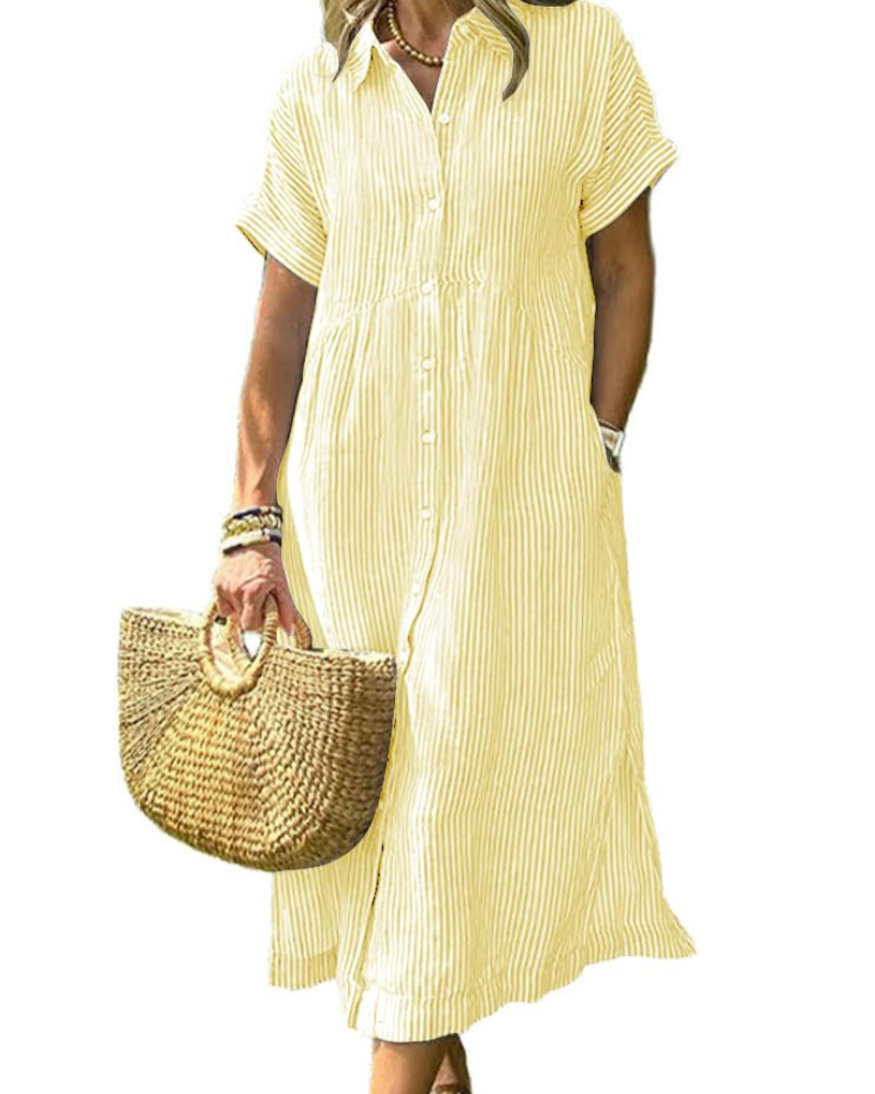 Laylani Abito Camicia Donna – Rayures Midi Boutonnée, Maniche Corte & Linea a Trapezio Fluida