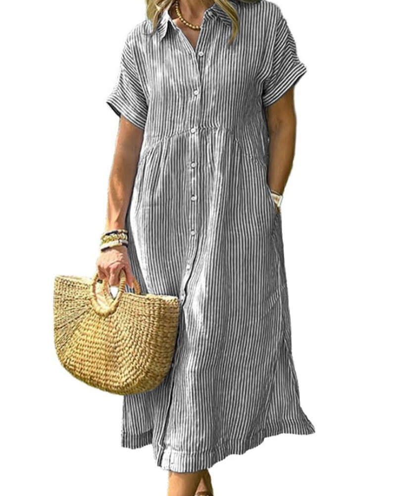 Laylani Abito Camicia Donna – Rayures Midi Boutonnée, Maniche Corte & Linea a Trapezio Fluida