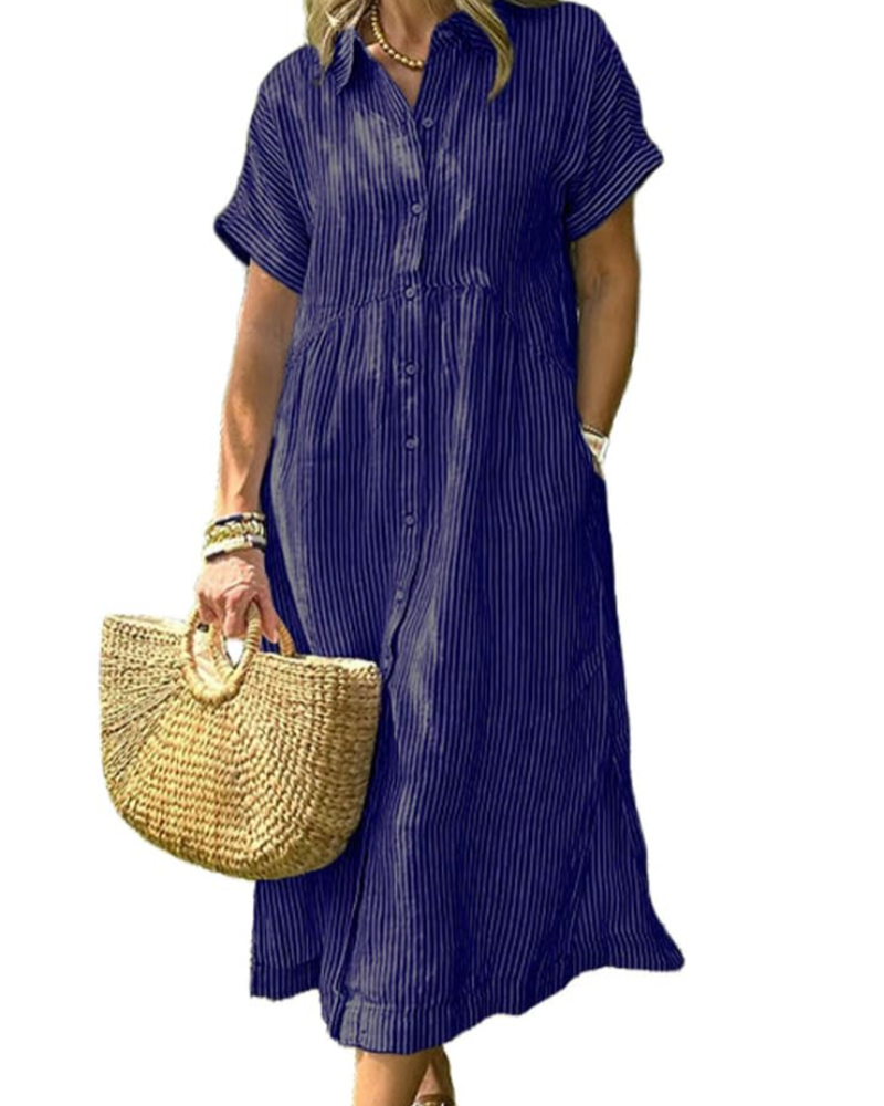 Laylani Abito Camicia Donna – Rayures Midi Boutonnée, Maniche Corte & Linea a Trapezio Fluida