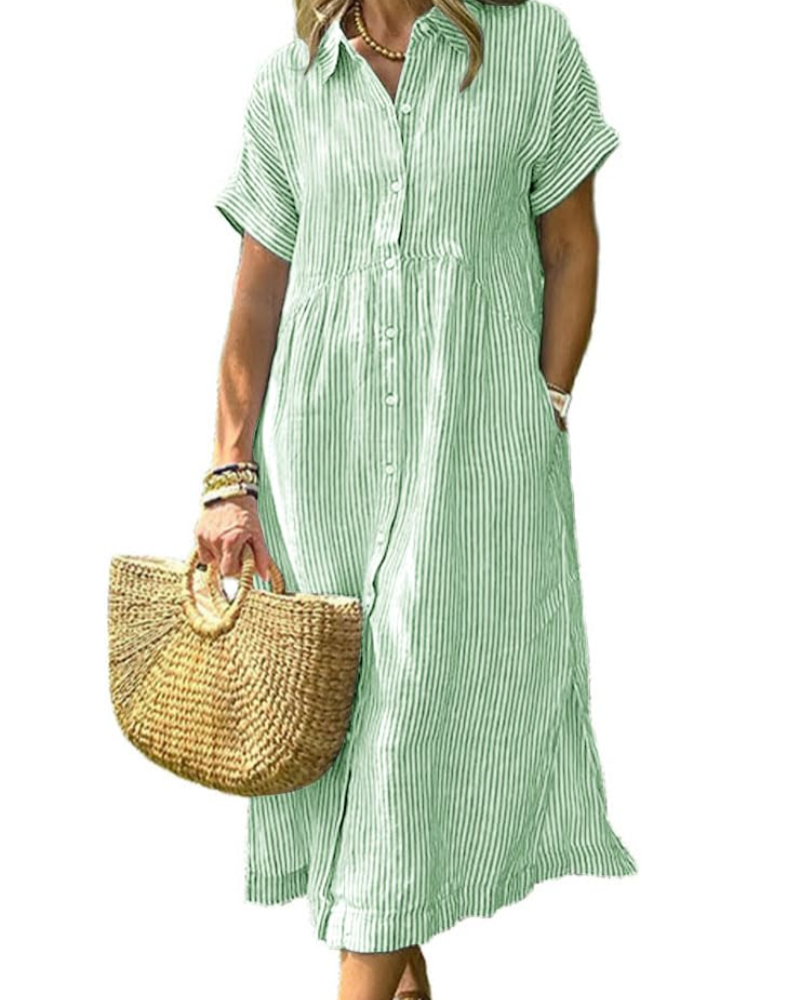 Laylani Abito Camicia Donna – Rayures Midi Boutonnée, Maniche Corte & Linea a Trapezio Fluida