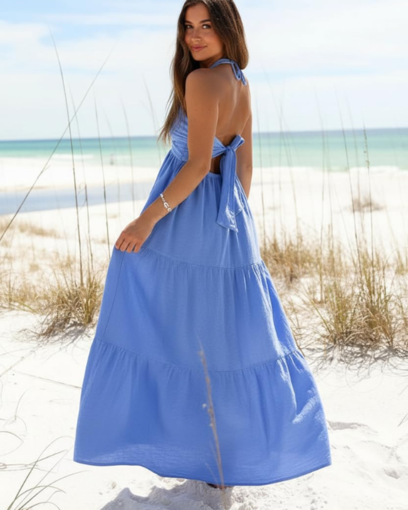 Leticia Abito Maxi Donna – Col Halter Regolabile, Linea Fluida a Balze & Tasche Estate