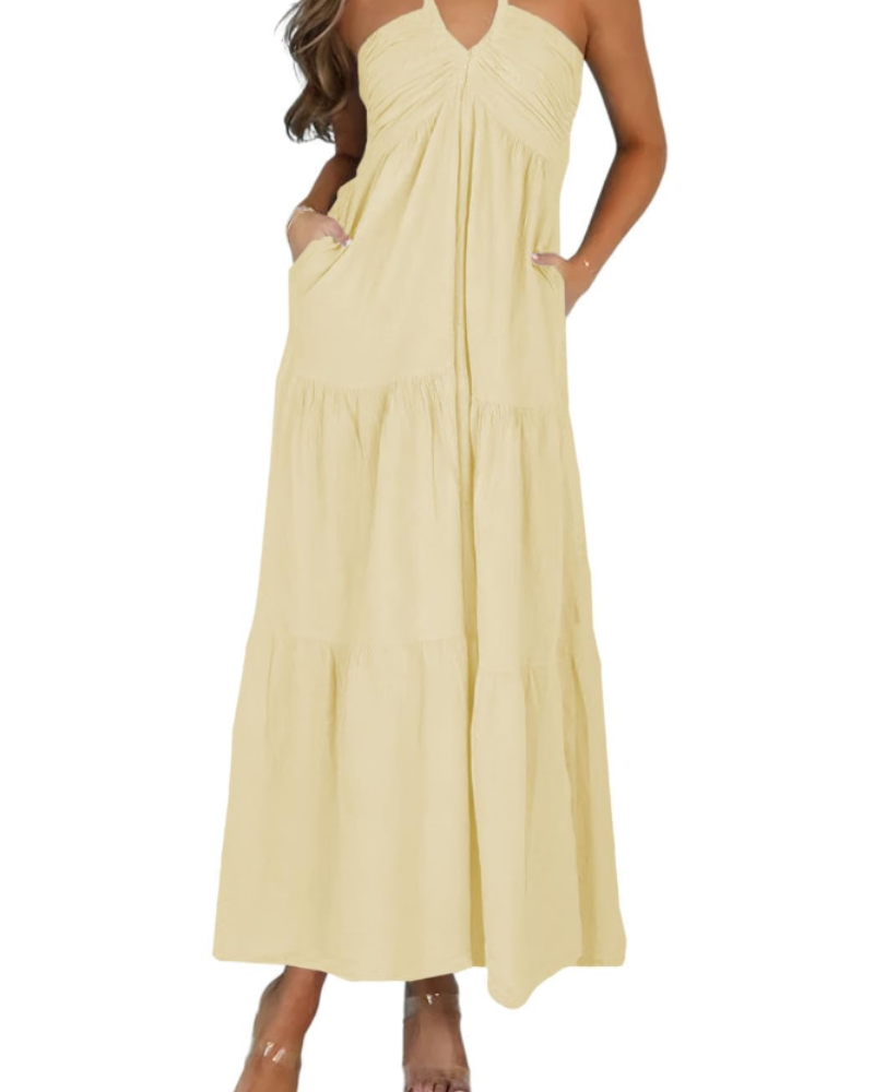 Leticia Abito Maxi Donna – Col Halter Regolabile, Linea Fluida a Balze & Tasche Estate
