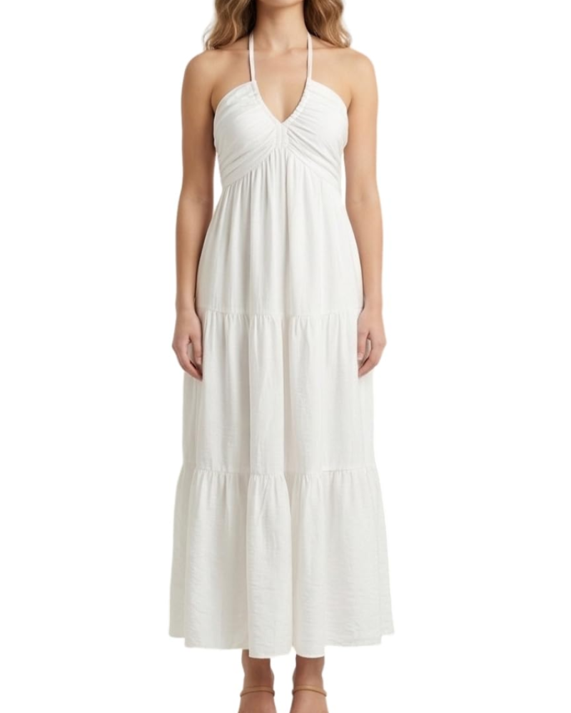 Leticia Abito Maxi Donna – Col Halter Regolabile, Linea Fluida a Balze & Tasche Estate