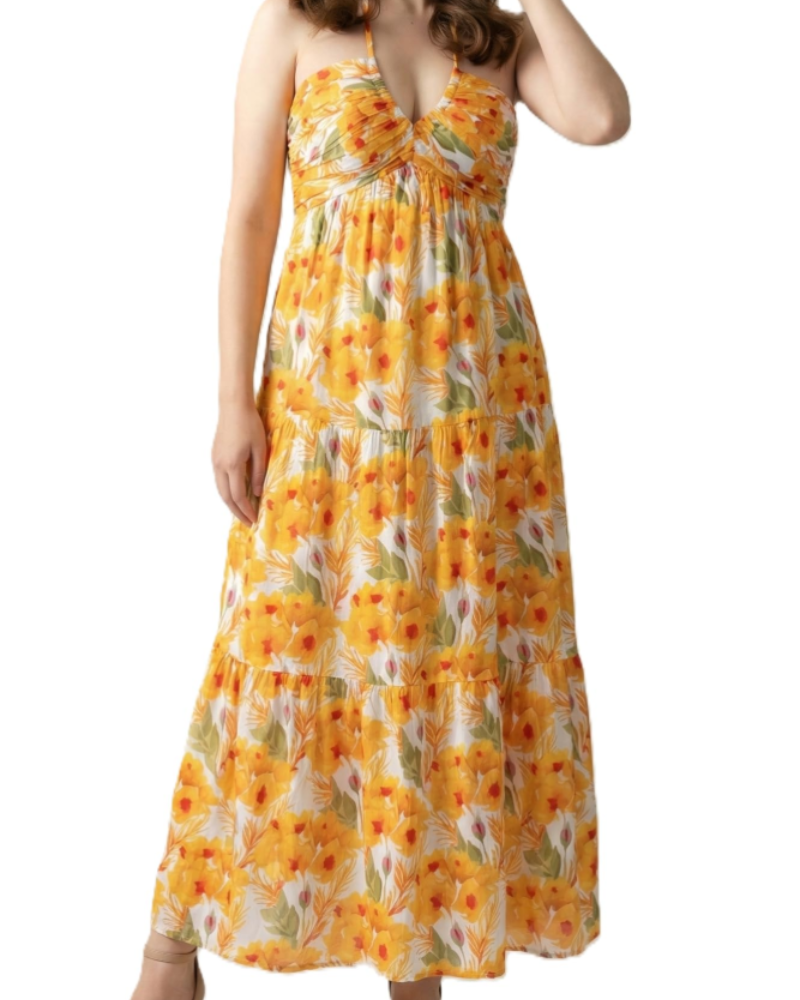 Leticia Abito Maxi Donna – Col Halter Regolabile, Linea Fluida a Balze & Tasche Estate