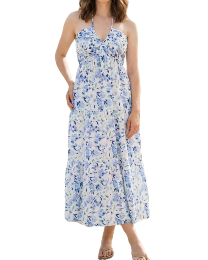 Leticia Abito Maxi Donna – Col Halter Regolabile, Linea Fluida a Balze & Tasche Estate