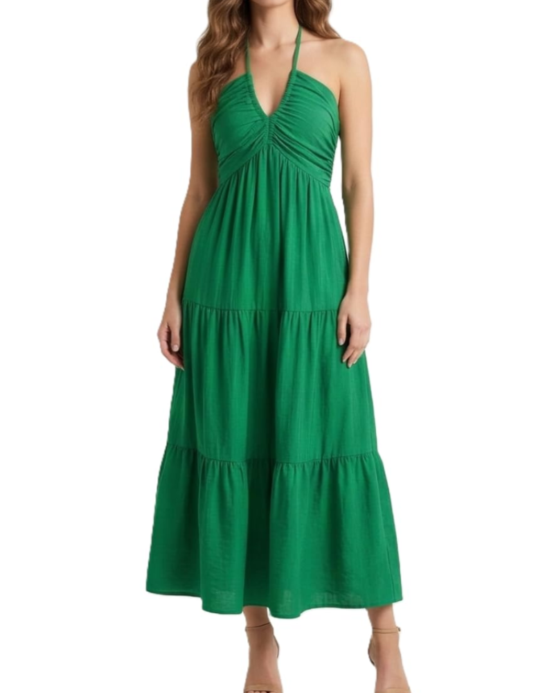 Leticia Abito Maxi Donna – Col Halter Regolabile, Linea Fluida a Balze & Tasche Estate