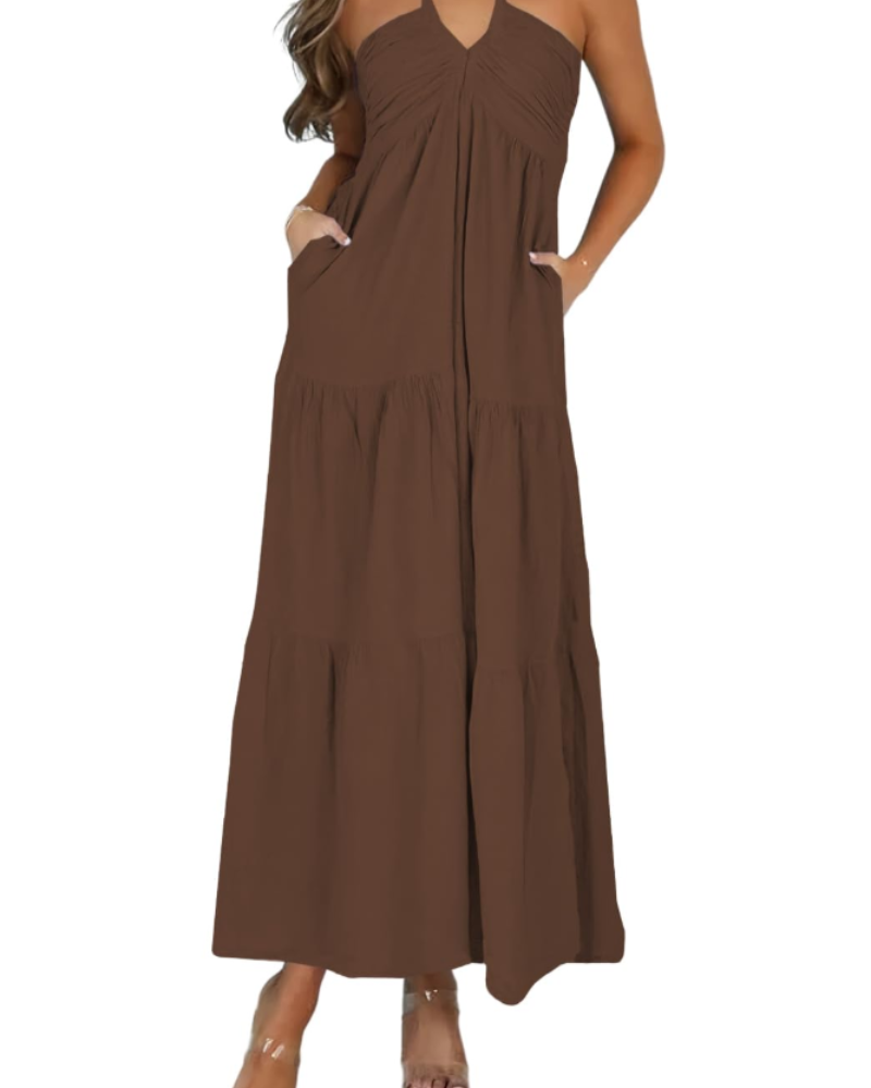 Leticia Abito Maxi Donna – Col Halter Regolabile, Linea Fluida a Balze & Tasche Estate