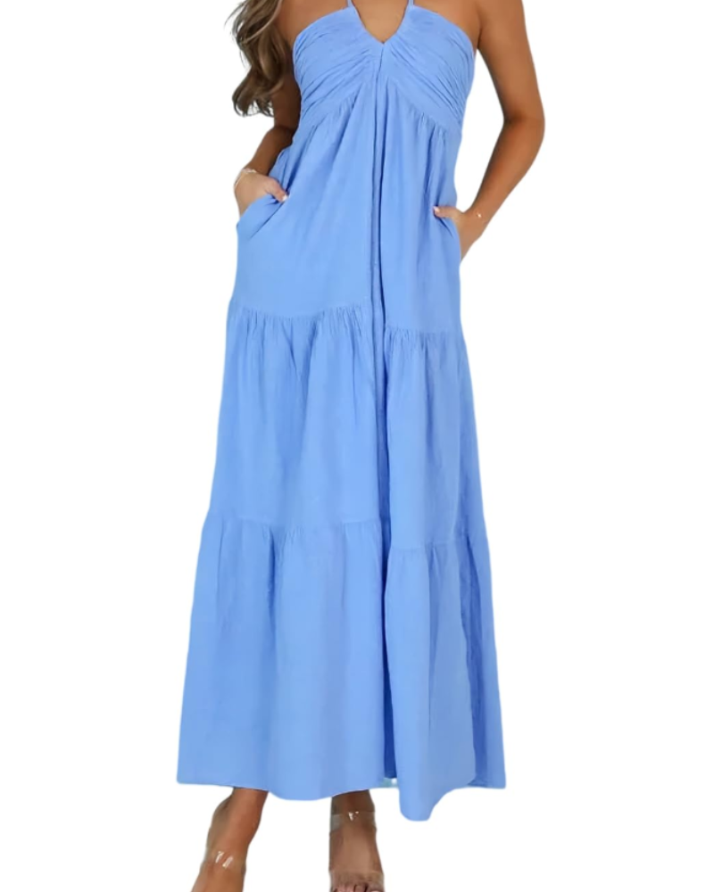 Leticia Abito Maxi Donna – Col Halter Regolabile, Linea Fluida a Balze & Tasche Estate
