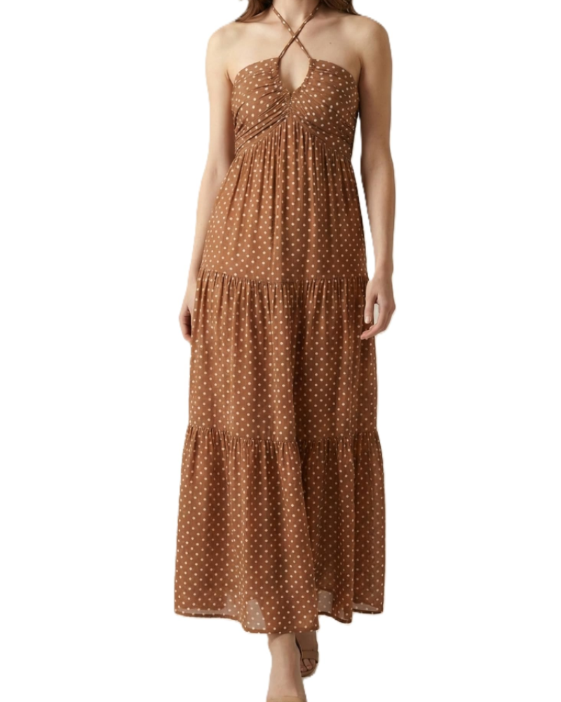 Leticia Abito Maxi Donna – Col Halter Regolabile, Linea Fluida a Balze & Tasche Estate