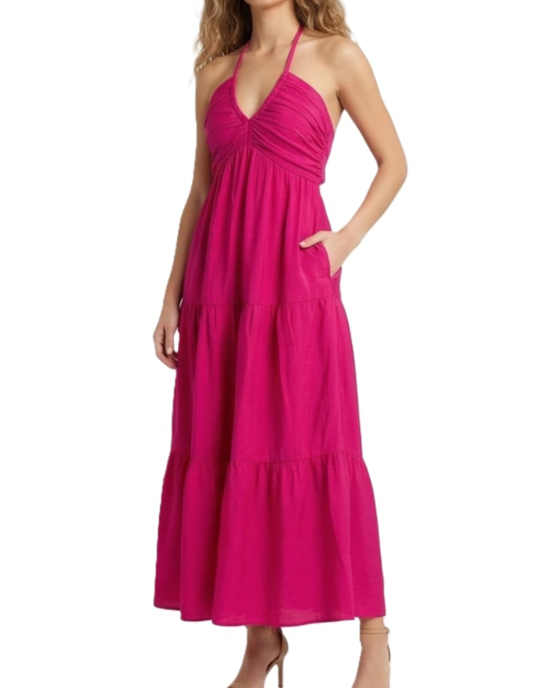 Leticia Abito Maxi Donna – Col Halter Regolabile, Linea Fluida a Balze & Tasche Estate