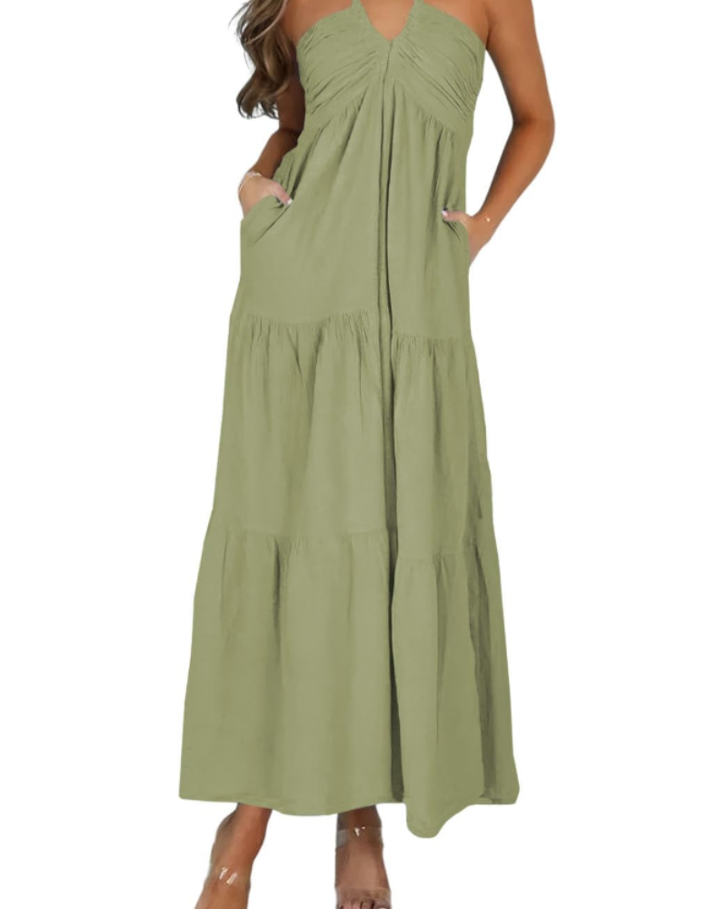 Leticia Abito Maxi Donna – Col Halter Regolabile, Linea Fluida a Balze & Tasche Estate
