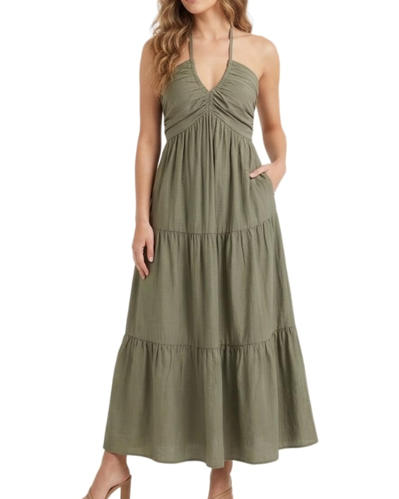 Leticia Abito Maxi Donna – Col Halter Regolabile, Linea Fluida a Balze & Tasche Estate