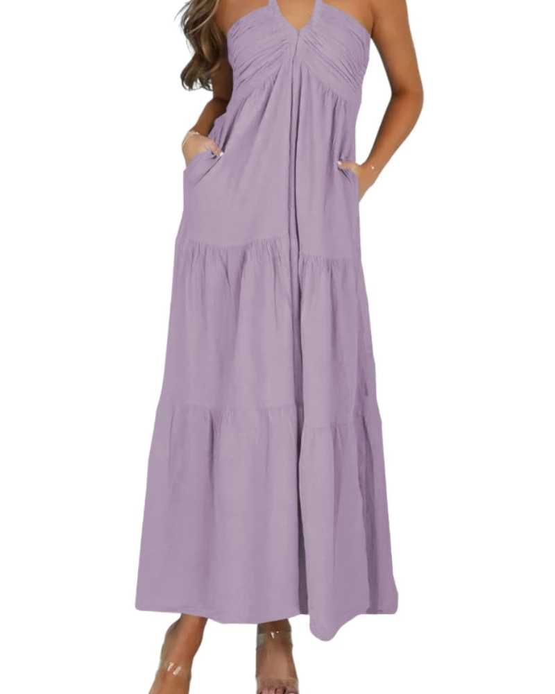 Leticia Abito Maxi Donna – Col Halter Regolabile, Linea Fluida a Balze & Tasche Estate