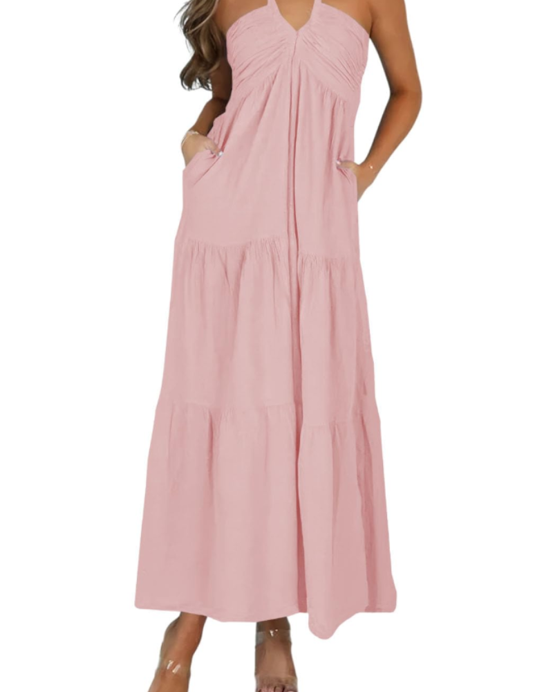 Leticia Abito Maxi Donna – Col Halter Regolabile, Linea Fluida a Balze & Tasche Estate