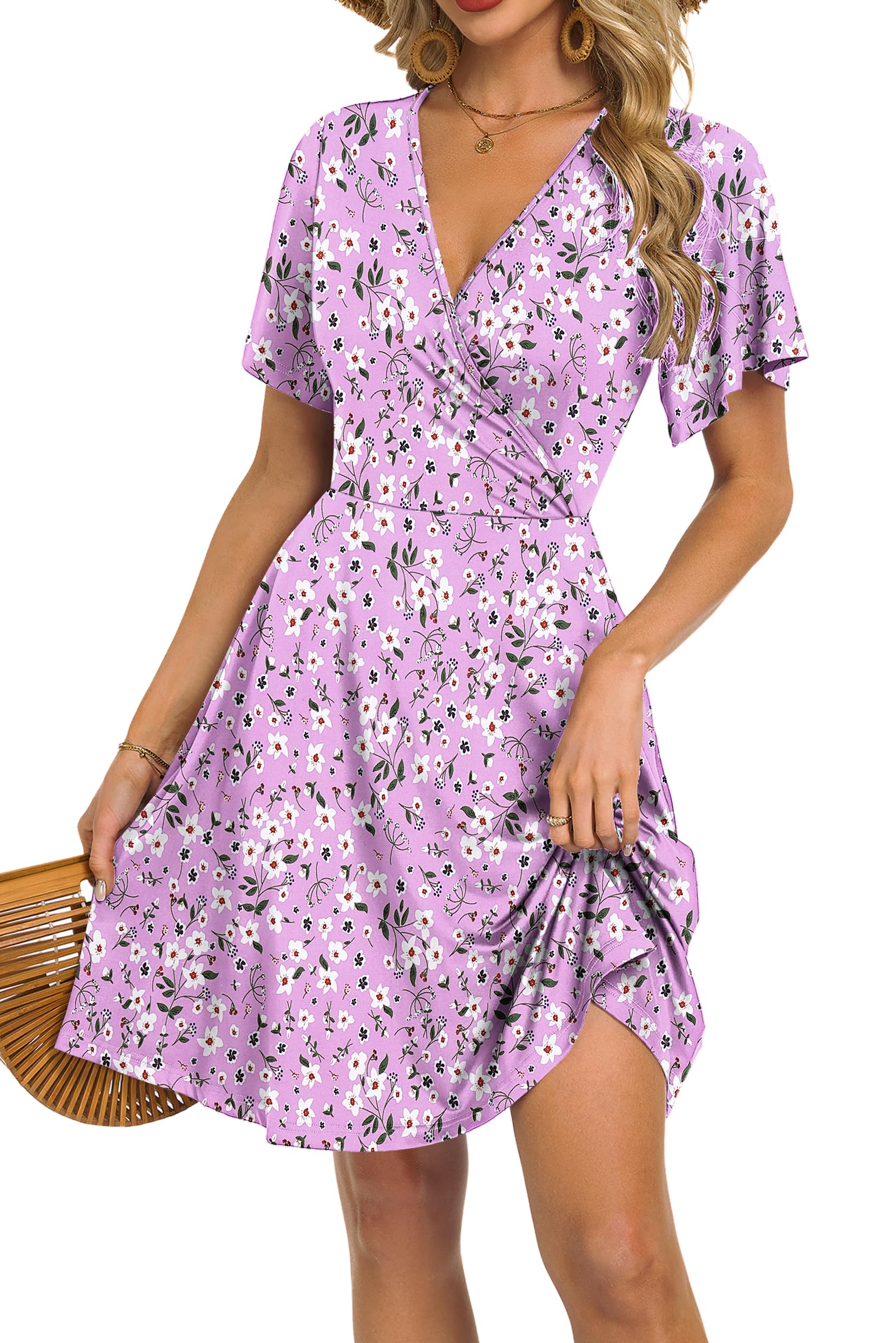 Mariselle Abito Donna – Cache-Cœur Scollo a V Floral, Taille Empire & Tasche Linea a Trapezio Estate