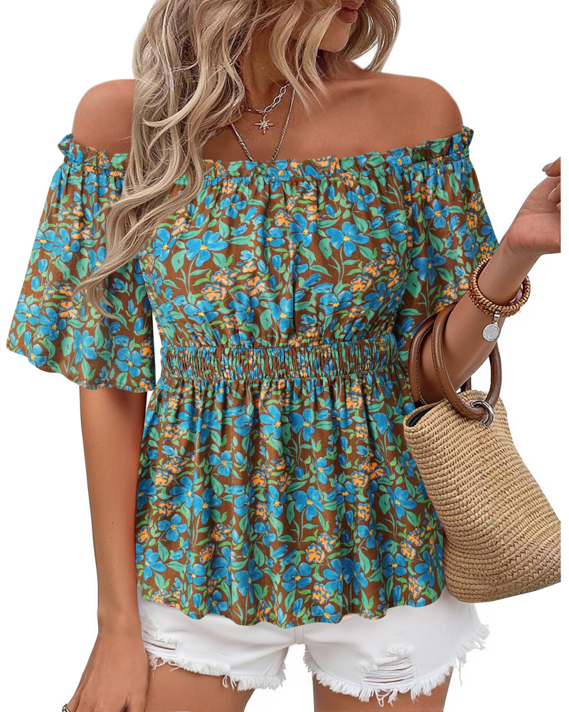Lenora Top Donna – Blusa Off-Shoulder Péplum a Balze, Linea Cintrée Elegante Estate