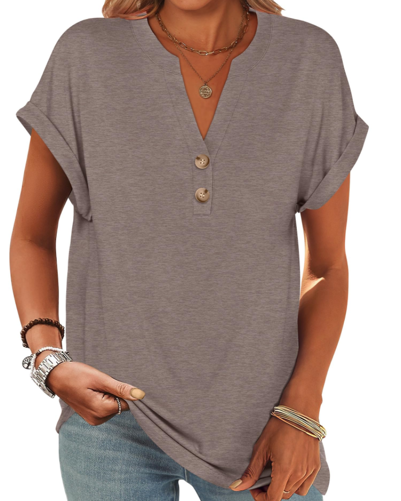 Manon Top Donna – Blusa Henley Scollo a V Boutonné, Linea Fluida Casual Chic Estate