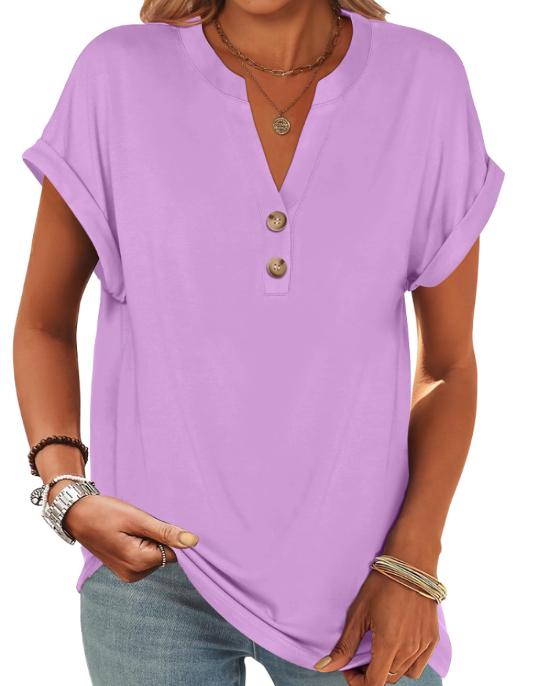 Manon Top Donna – Blusa Henley Scollo a V Boutonné, Linea Fluida Casual Chic Estate