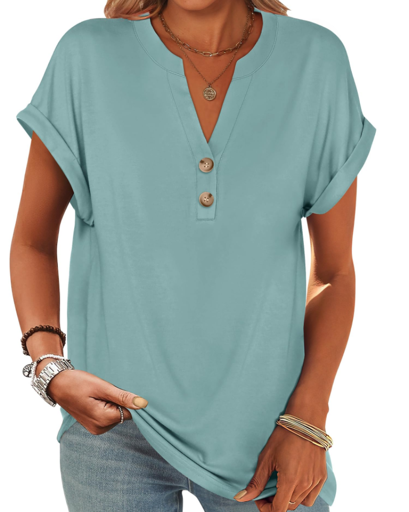Manon Top Donna – Blusa Henley Scollo a V Boutonné, Linea Fluida Casual Chic Estate