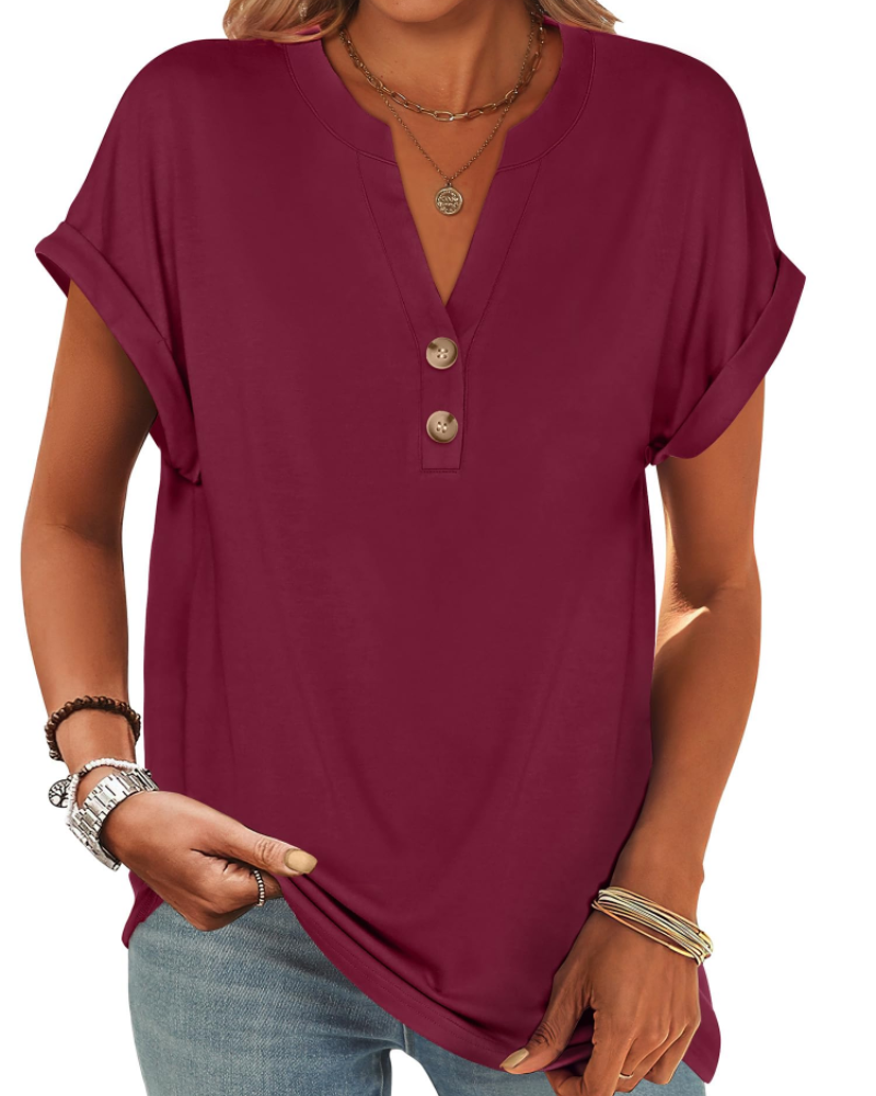 Manon Top Donna – Blusa Henley Scollo a V Boutonné, Linea Fluida Casual Chic Estate