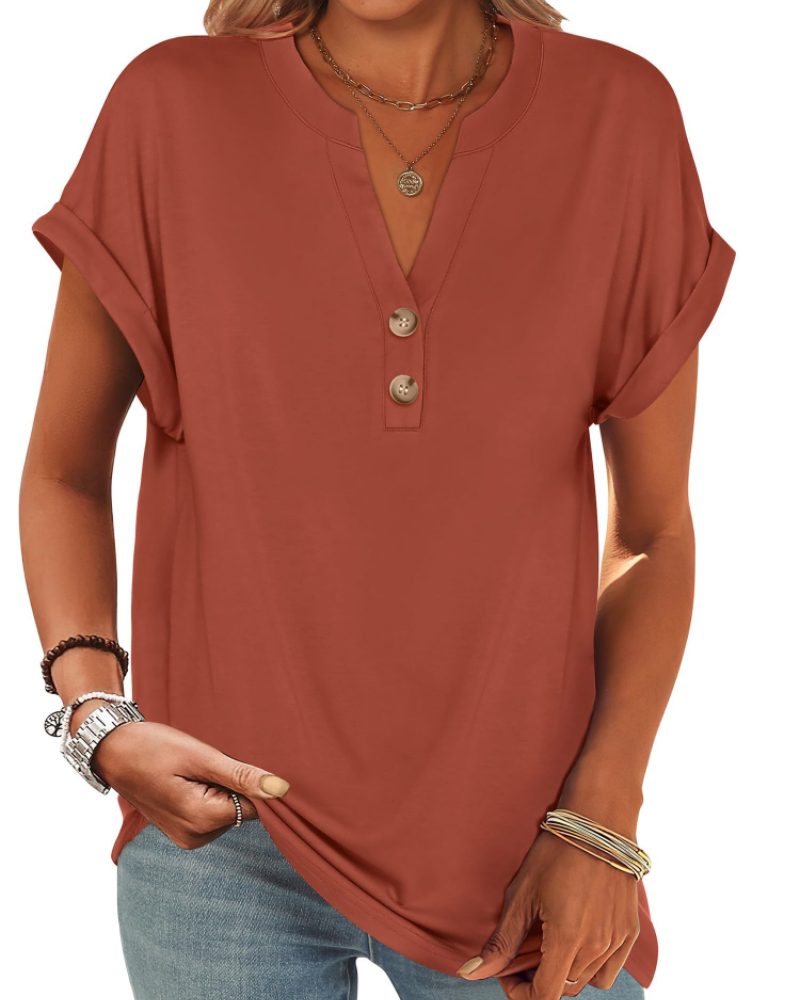 Manon Top Donna – Blusa Henley Scollo a V Boutonné, Linea Fluida Casual Chic Estate