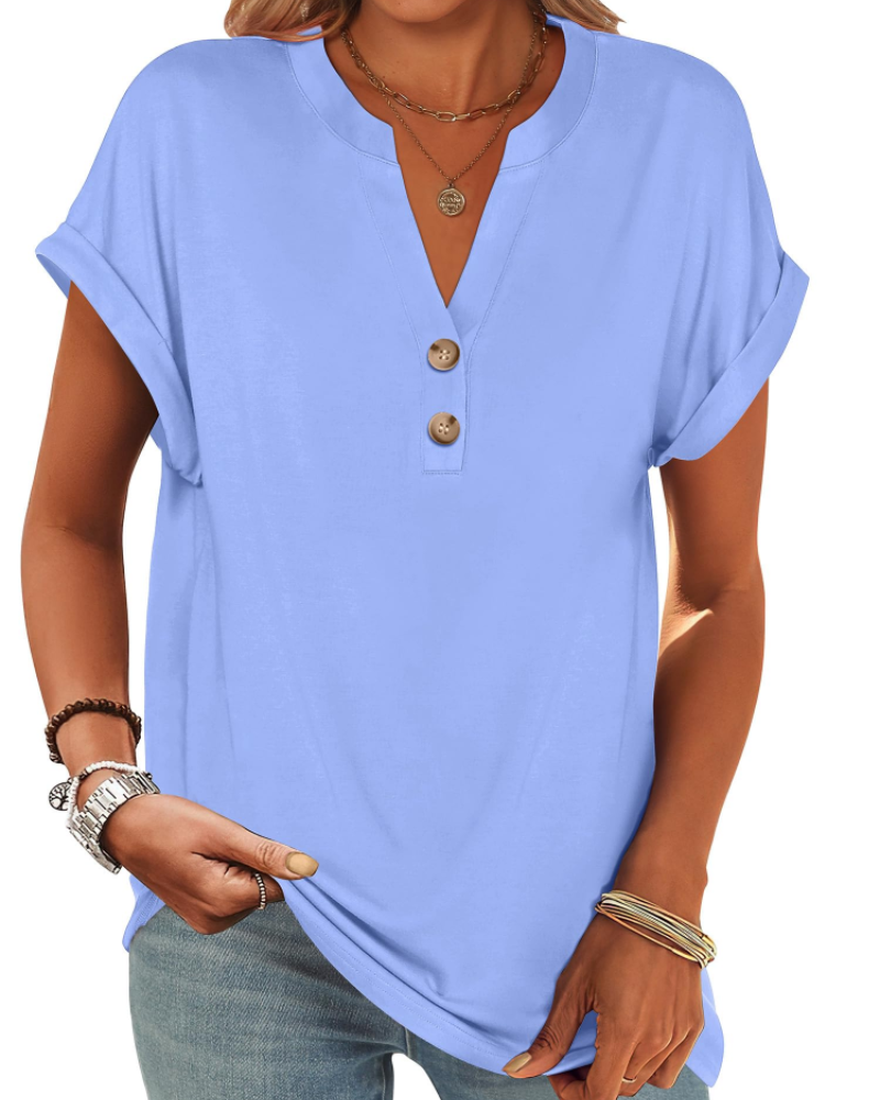Manon Top Donna – Blusa Henley Scollo a V Boutonné, Linea Fluida Casual Chic Estate