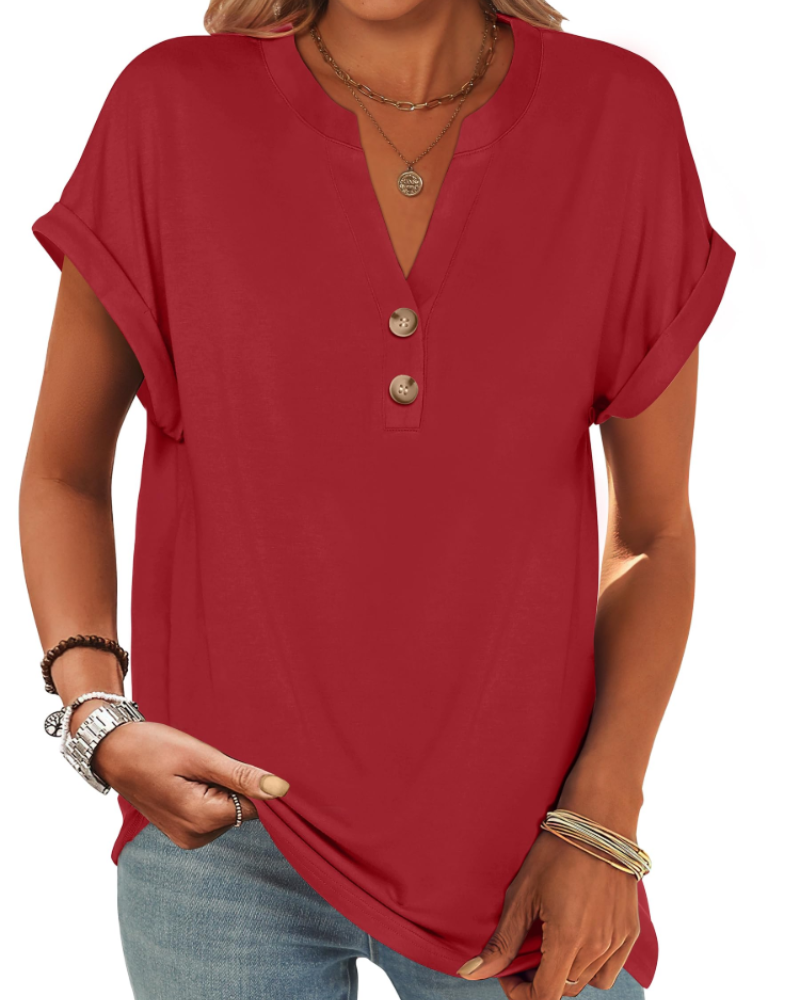 Manon Top Donna – Blusa Henley Scollo a V Boutonné, Linea Fluida Casual Chic Estate