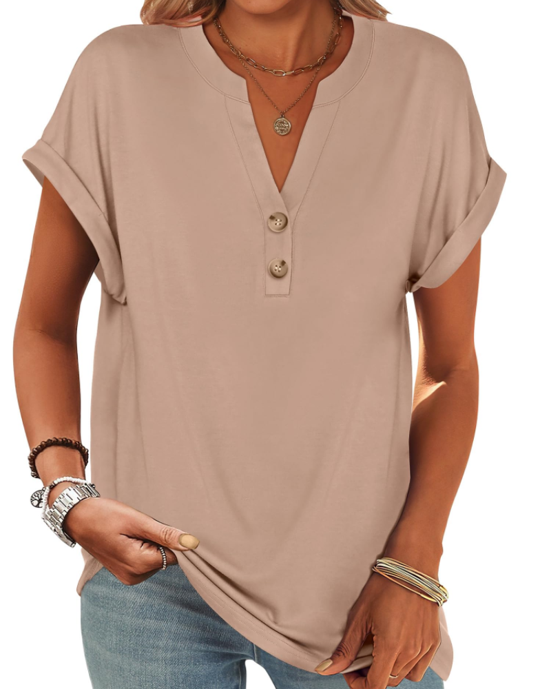 Manon Top Donna – Blusa Henley Scollo a V Boutonné, Linea Fluida Casual Chic Estate