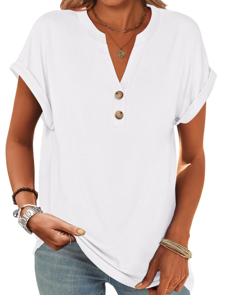 Manon Top Donna – Blusa Henley Scollo a V Boutonné, Linea Fluida Casual Chic Estate