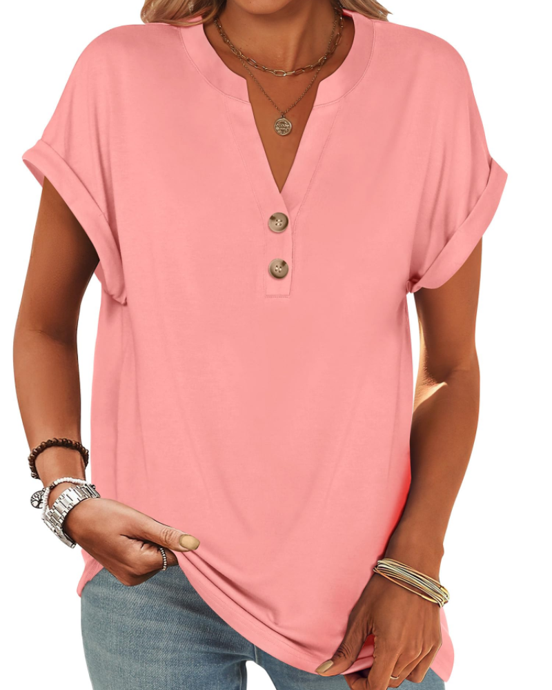 Manon Top Donna – Blusa Henley Scollo a V Boutonné, Linea Fluida Casual Chic Estate