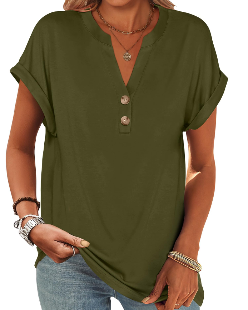Manon Top Donna – Blusa Henley Scollo a V Boutonné, Linea Fluida Casual Chic Estate