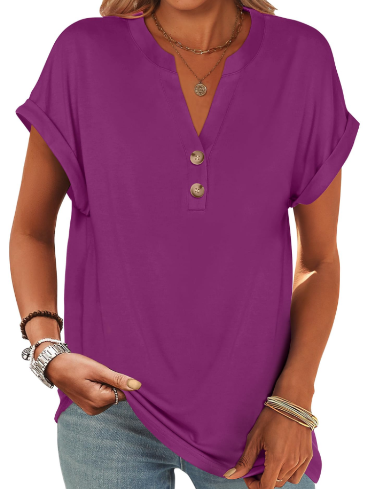 Manon Top Donna – Blusa Henley Scollo a V Boutonné, Linea Fluida Casual Chic Estate