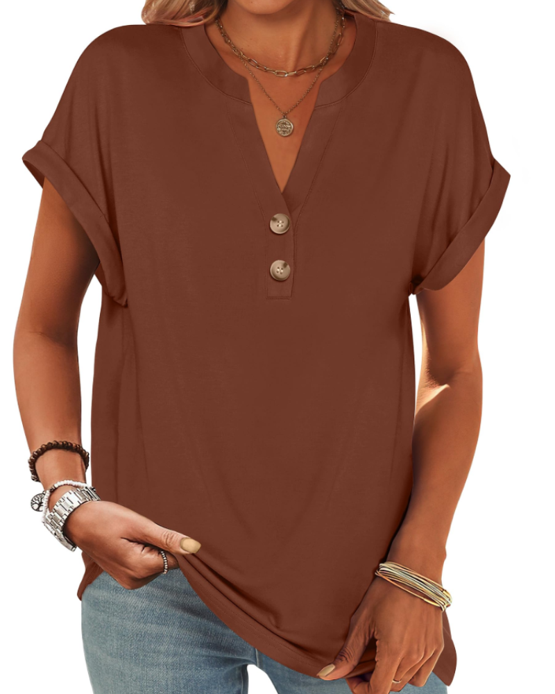 Manon Top Donna – Blusa Henley Scollo a V Boutonné, Linea Fluida Casual Chic Estate