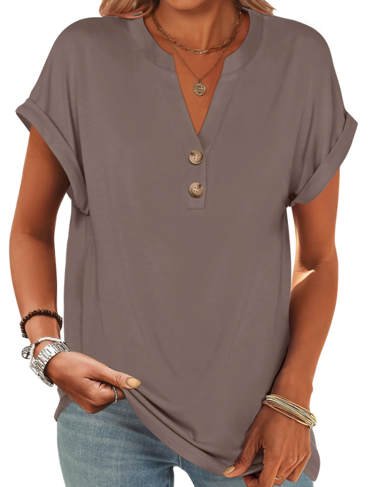 Manon Top Donna – Blusa Henley Scollo a V Boutonné, Linea Fluida Casual Chic Estate