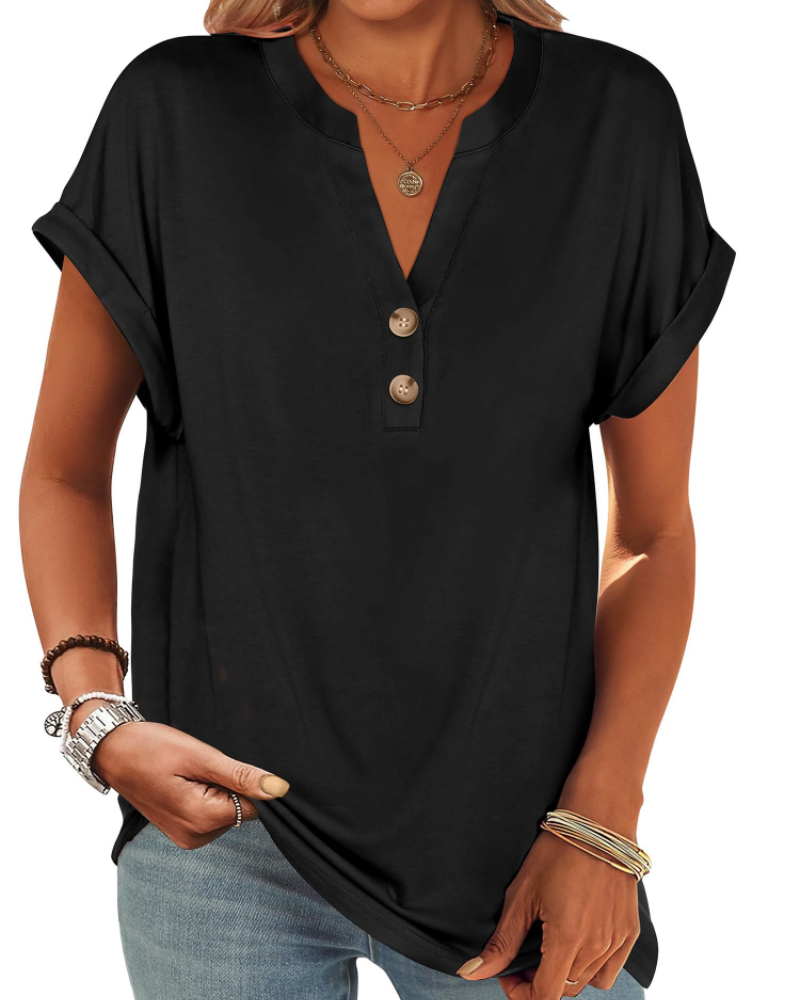 Manon Top Donna – Blusa Henley Scollo a V Boutonné, Linea Fluida Casual Chic Estate