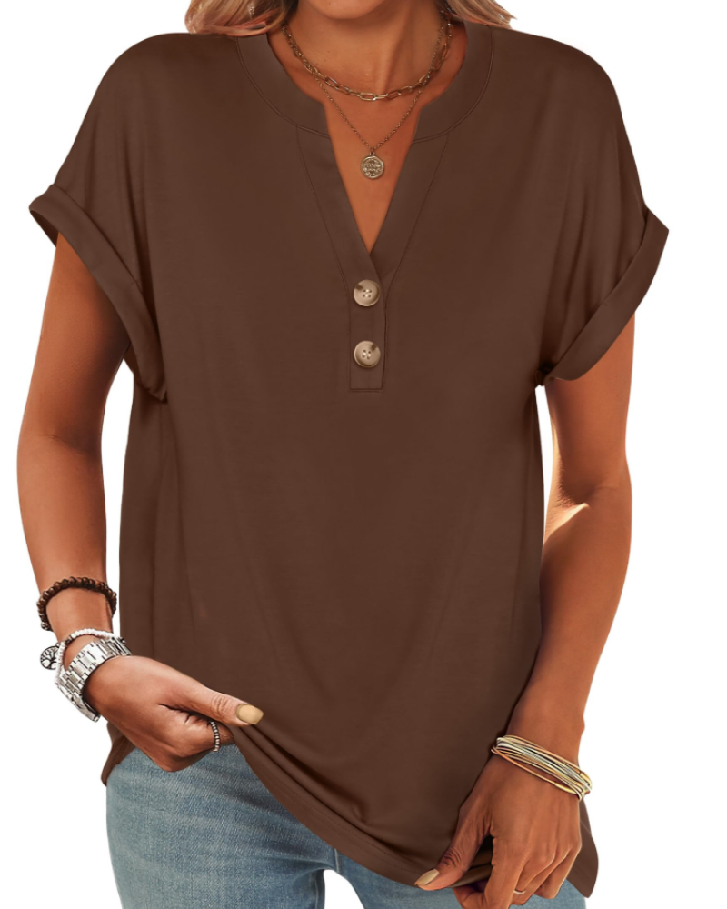 Manon Top Donna – Blusa Henley Scollo a V Boutonné, Linea Fluida Casual Chic Estate