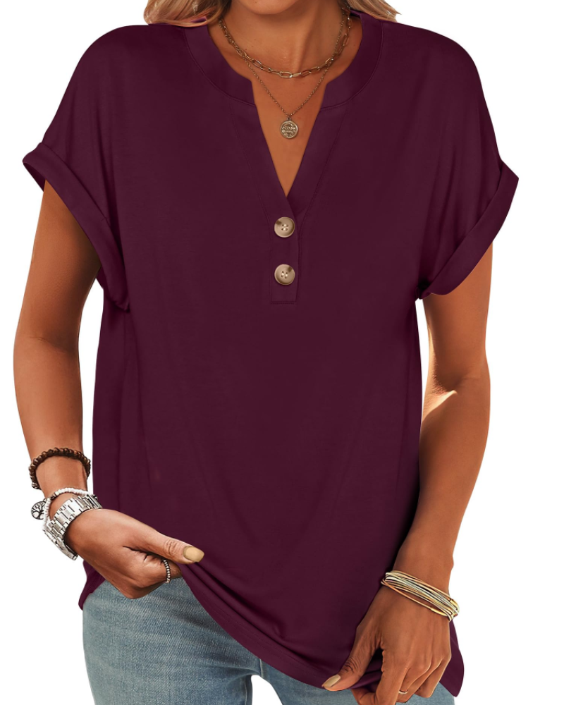 Manon Top Donna – Blusa Henley Scollo a V Boutonné, Linea Fluida Casual Chic Estate