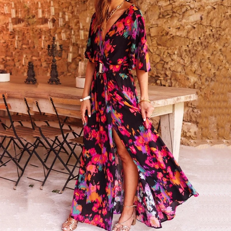 Robe Longue Donna Ronja – Elegante Abito Portefeuille con Linea Flatteuse & Design Estival Leggero
