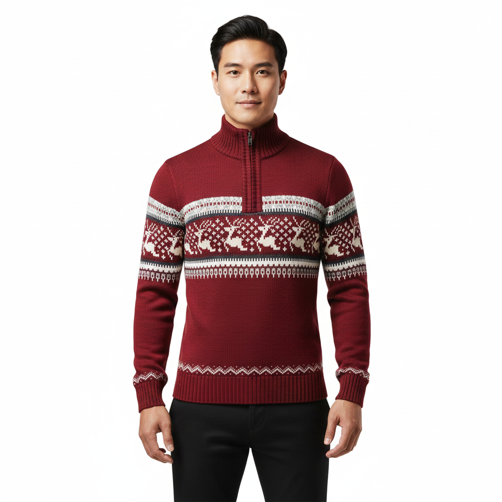 Noah Maglione Uomo Demi-Zip – Maglione Nordic a Motif Géométrique & Rennes, Linea Confortevole