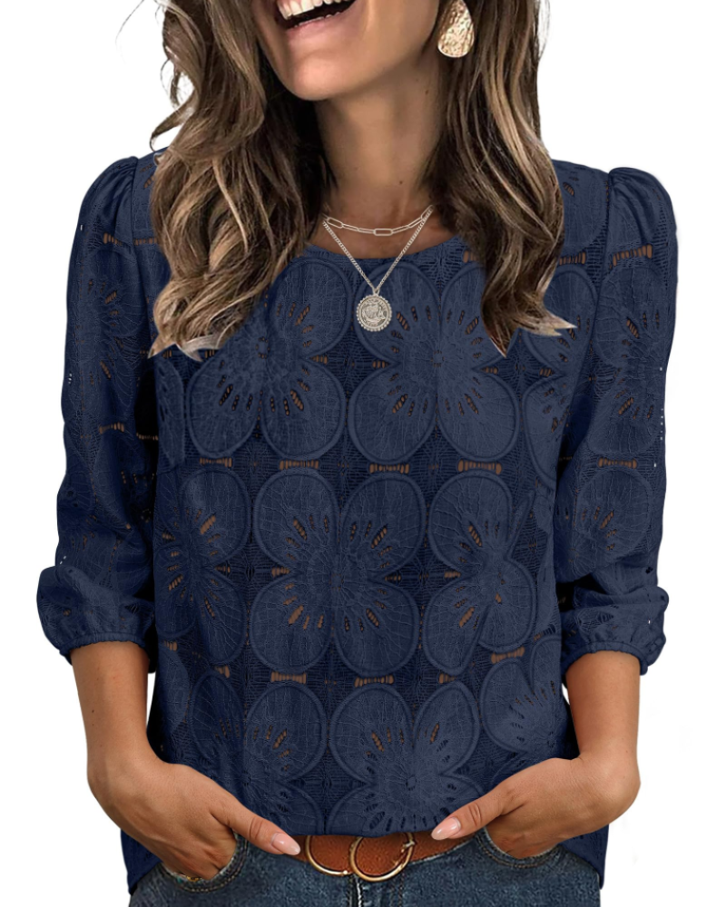 Nolia Blusa Donna – Top Eyelet a Manches 3/4 Volumineuses, Style Elegante Casual Chic
