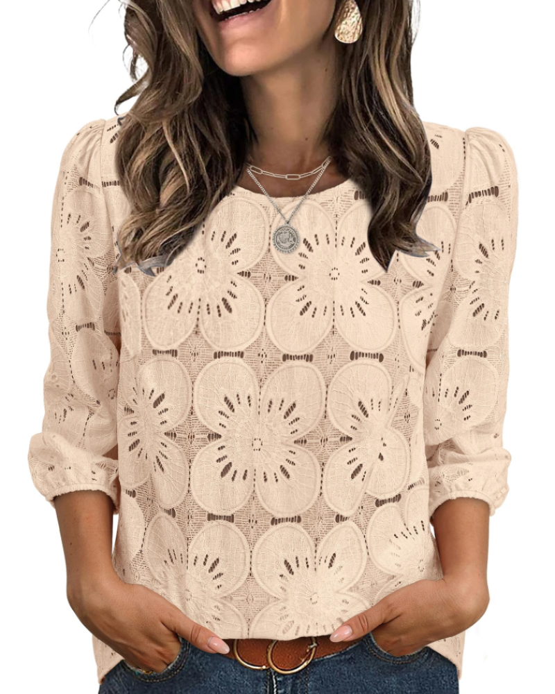 Nolia Blusa Donna – Top Eyelet a Manches 3/4 Volumineuses, Style Elegante Casual Chic