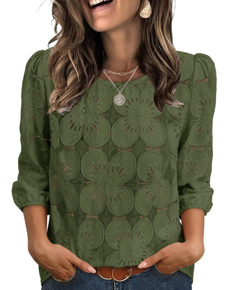 Nolia Blusa Donna – Top Eyelet a Manches 3/4 Volumineuses, Style Elegante Casual Chic