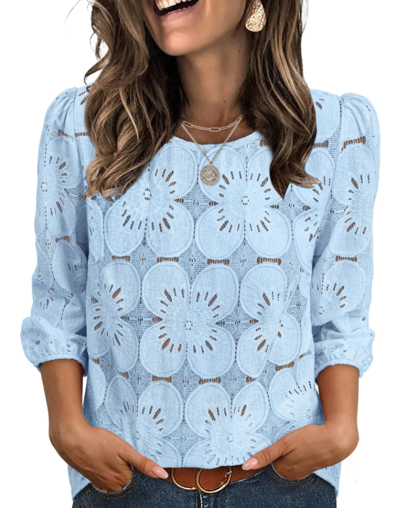 Nolia Blusa Donna – Top Eyelet a Manches 3/4 Volumineuses, Style Elegante Casual Chic