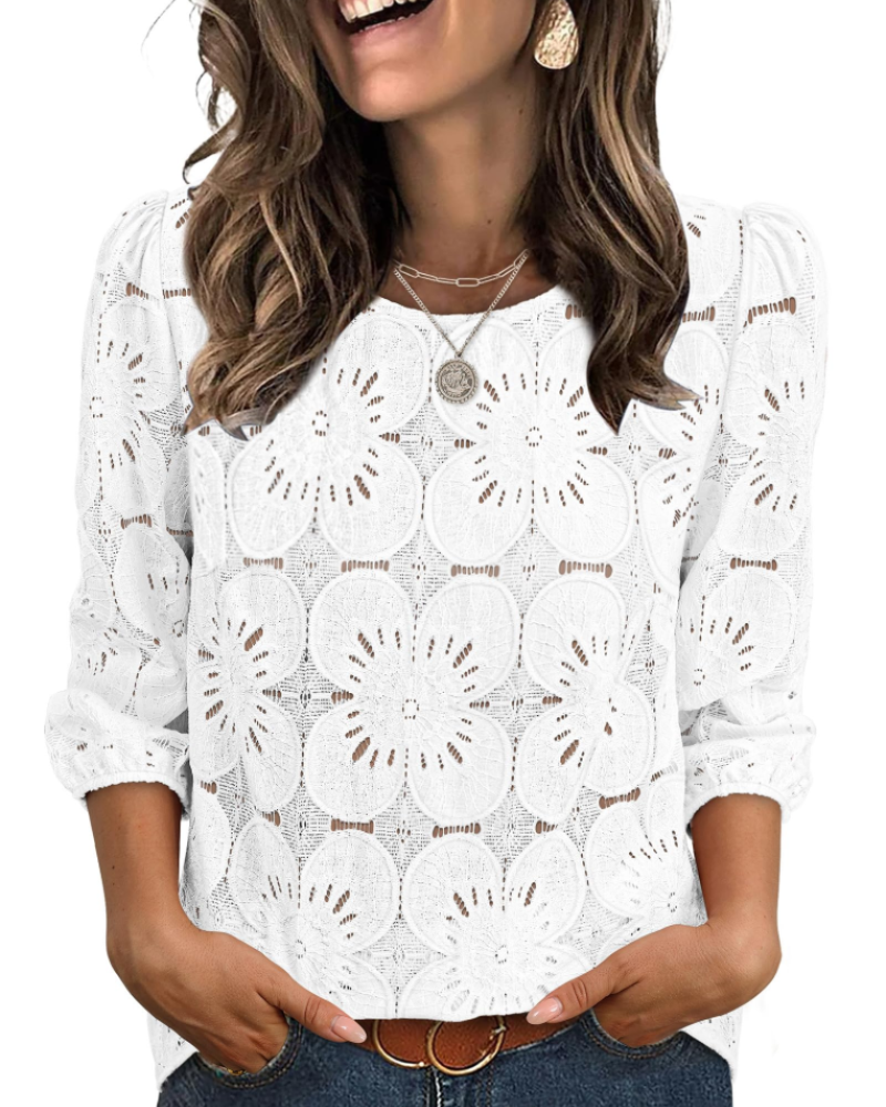 Nolia Blusa Donna – Top Eyelet a Manches 3/4 Volumineuses, Style Elegante Casual Chic