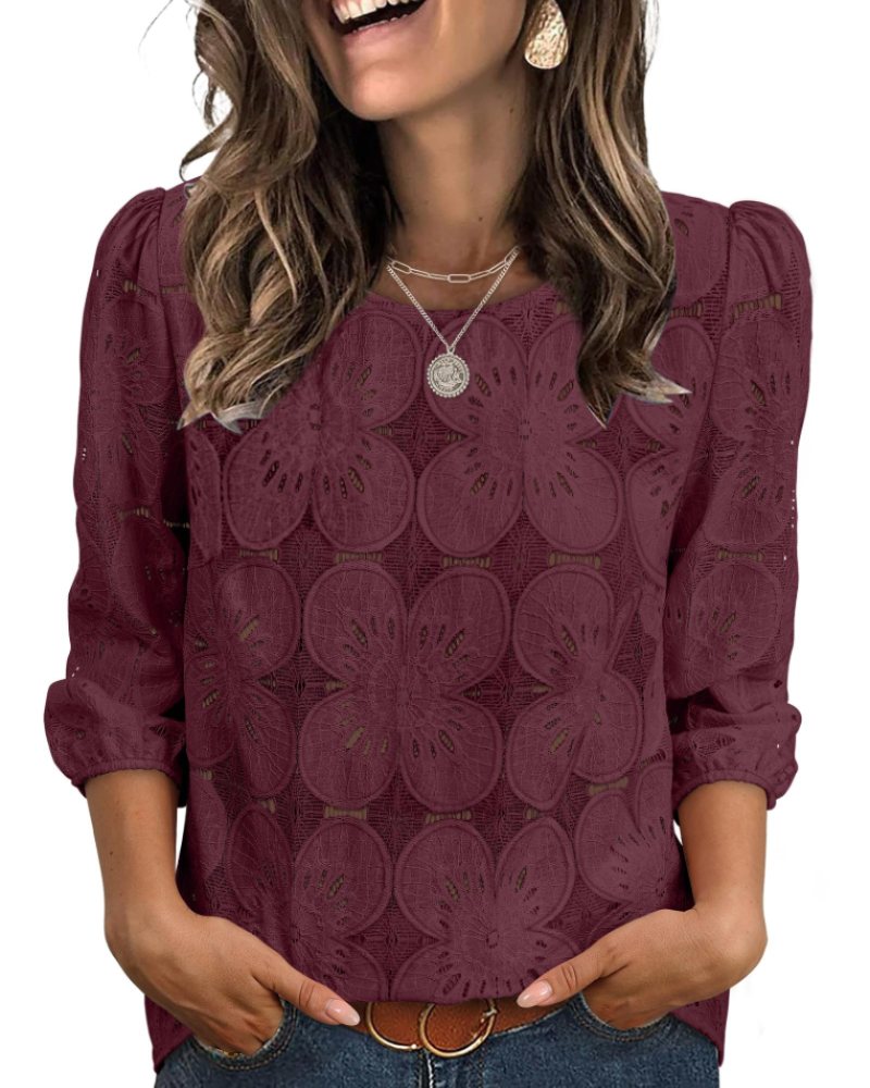 Nolia Blusa Donna – Top Eyelet a Manches 3/4 Volumineuses, Style Elegante Casual Chic