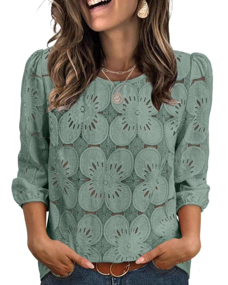 Nolia Blusa Donna – Top Eyelet a Manches 3/4 Volumineuses, Style Elegante Casual Chic