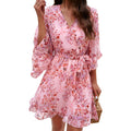 Odessa Abito Donna – Cache-Cœur Scollo a V Floral, Manches Cloche & Mousseline Mini Elegante